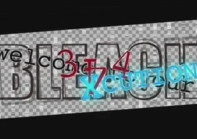 Título digital. Letras grandes BLEACH vazadas, com padrão quadriculado. Textos welcome, 3, 4, X_CUTION, our sobrepostos.