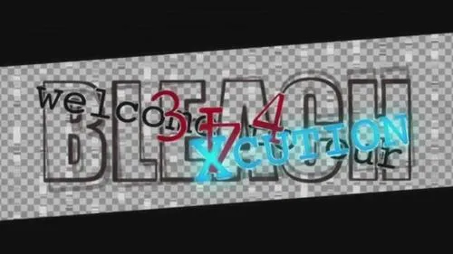 Bleach – T01E344:Uma disputa no colégio? Ichigo e Uryuu lutam juntos!1 Título digital. Letras grandes BLEACH vazadas,com padrão quadriculado. Textos welcome,3,4,X_CUTION,our sobrepostos.