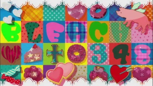 Quadro colorido estilo patchwork com letras, corações, doces, um bolo, cruz e um porco voador. Clima alegre e vibrante.