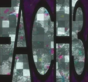 Letras grandes e escuras sobre um fundo quadriculado cinza, com manchas vibrantes e textura de falha digital. Clima moderno.