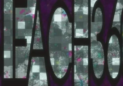 Letras grandes e escuras sobre um fundo quadriculado cinza, com manchas vibrantes e textura de falha digital. Clima moderno.