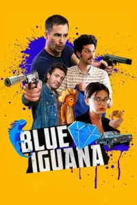 Fundo amarelo e azul. Cinco personagens,um deles fantasiado,empunham armas com expressões surpresas e sérias. Clima caótico.