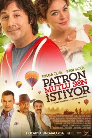 Pôster vibrante. Homem e mulher sorrindo em primeiro plano, com balões e três homens abaixo. Clima alegre e romântico ao ar livre.