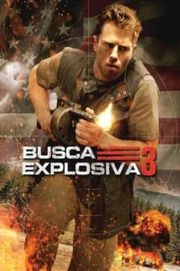 Pôster de ação:Homem intenso em colete atira com arma de fogo. Explosões,montanhas e bandeira americana no fundo. Mira de alvo.