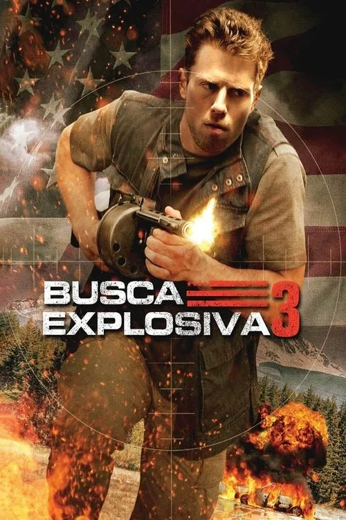 Pôster de ação:Homem intenso em colete atira com arma de fogo. Explosões,montanhas e bandeira americana no fundo. Mira de alvo.
