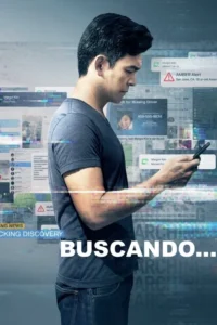 Homem sério olha celular em fundo digital de alertas de desaparecimento e redes sociais. Clima de busca urgente.