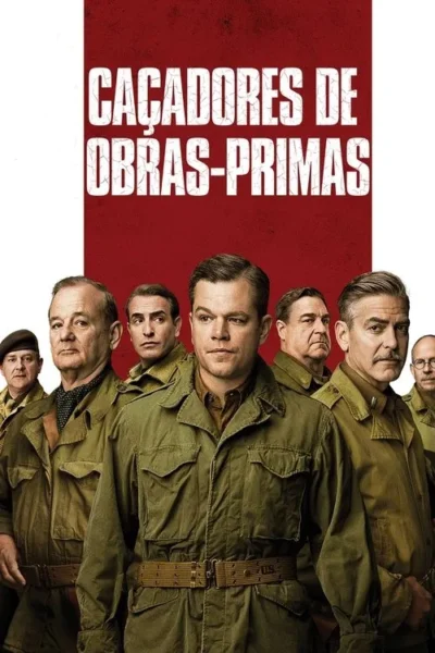 Sete homens em uniformes militares verdes posam seriamente. O fundo é um banner vermelho rugoso com área branca acima. Clima de época, de guerra.