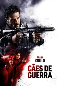Homem sério com rifle, helicópteros no céu escuro. Abaixo, mulher e homem com pistolas em cidade em chamas. Atmosfera de ação intensa.