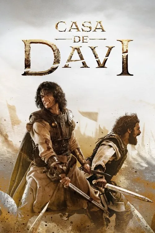 Dois guerreiros de cabelo comprido e armadura antiga,empunhando espadas em uma batalha poeirenta. Clima épico e tenso.