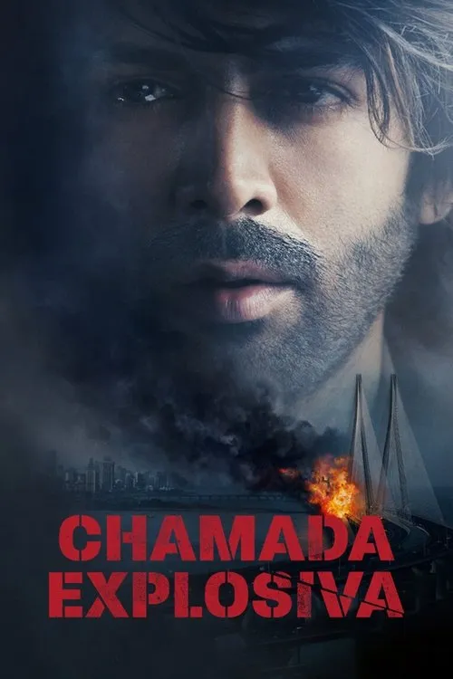 Close-up de homem barbudo com olhar intenso. Abaixo,uma cidade com ponte em chamas e fumaça escura. Clima dramático.