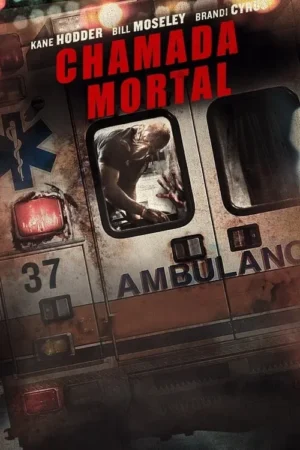 Pôster de terror: Uma figura zumbi pálida, com mãos ensanguentadas, estende-se da janela traseira de uma ambulância velha e suja.