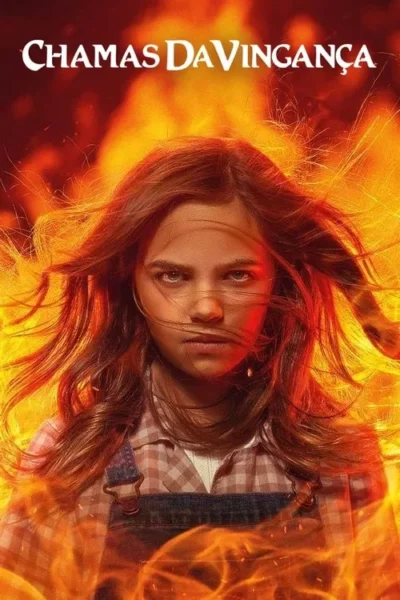 Garota de cabelo ruivo ao vento, olhar sério, camisa xadrez e macacão. Cercada por chamas intensas. Clima ardente e determinado.