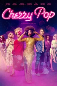 Grupo diverso de performers em poses confiantes, incluindo drag queens glamourosas. Fundo vibrante roxo e rosa com luzes. Atmosfera festiva.