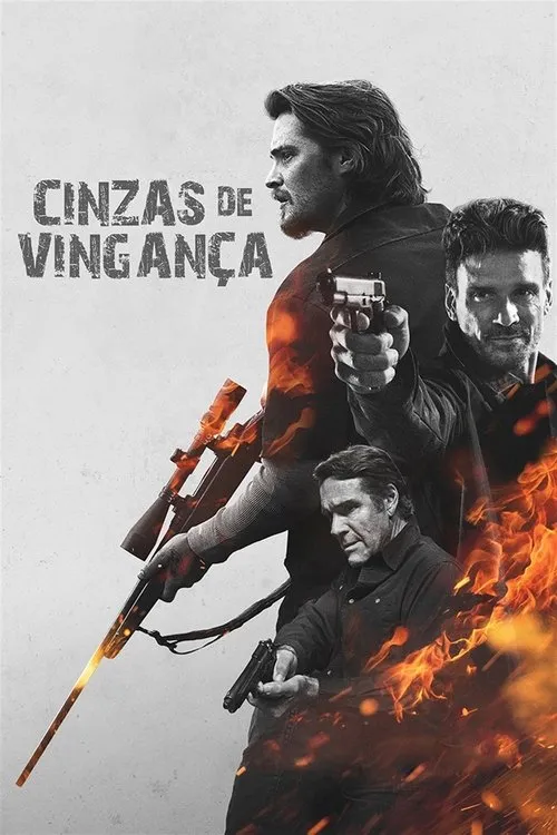 Pôster com três homens armados. O principal, de perfil, segura um rifle e pistola. Chamas laranjas e faíscas intensificam o clima de ação e perigo.