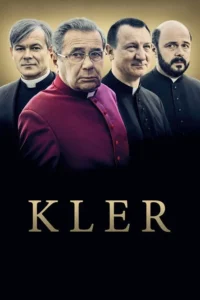 Quatro clérigos sérios,um bispo de roxo e óculos e três padres de preto,em um fundo dourado que escurece. Clima austero.