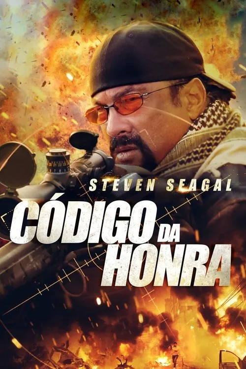 Código de Honra 1 Homem de boné,óculos escuros e barba mira rifle. Ao fundo,explosões e cidade destruída. Clima intenso de ação.