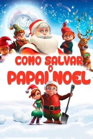Animação natalina: Papai Noel, duendes diversos e uma rena em paisagem de neve sob céu estrelado. Dois duendes em primeiro plano, um com pá.