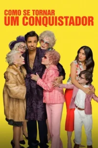 Um homem confuso de roupão rodeado por quatro mulheres idosas. À direita,uma mulher segura um menino de óculos. Fundo amarelo vibrante.