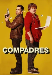 Dois homens contra fundo amarelo. Um com arma e jaqueta,outro com laptop e moletom. Buracos de bala. Humor e ação.