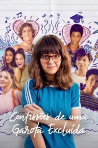 Garota de óculos sorri, cercada por adolescentes. Fundo de caderno escolar com rabiscos como corações e música. Clima juvenil e romântico.