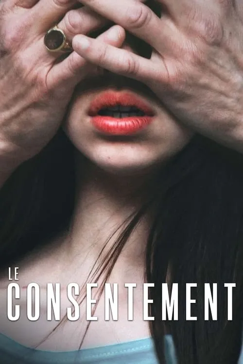 Consentimento 1 Mãos masculinas com anel dourado cobrem os olhos de uma mulher,revelando apenas seus lábios vermelhos. Clima íntimo e perturbador.