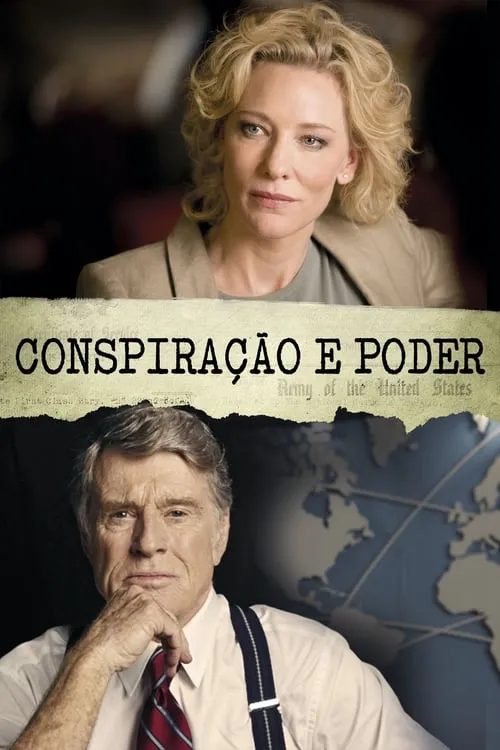 Conspiração e Poder 1 Mulher loira séria no topo. Abaixo,homem pensativo com camisa e gravata,contra um mapa-múndi. Clima de suspense político.