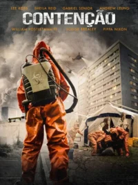 Pessoa em traje laranja químico com pulverizador de bio-risco em cidade devastada. Helicópteros,prédio e tendas de emergência ao fundo.