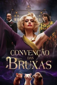 Mulher loira com colar de cobra e maquiagem forte,braços abertos. Ao fundo,um casal e uma mansão escura. Três ratos embaixo. Clima misterioso e mágico.