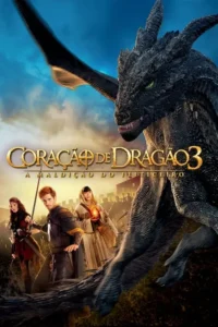 Um dragão escuro imponente no canto superior direito. Abaixo,três aventureiros fantásticos com espadas e um orbe mágico,contra um castelo medieval.