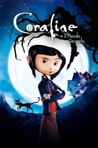 Pôster animado. Menina de cabelo escuro,braços cruzados,olha astuta. Gato preto e casa gótica em colina,sob a lua cheia.