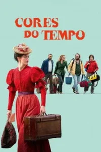 Mulher com chapéu e vestido vermelho antigo,carrega mala. Atrás,5 pessoas com roupas modernas carregam bolsas coloridas. Fundo claro.