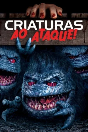 Mão humana agarra tábua escura manchada de sangue. Abaixo, criaturas peludas e cinzentas com olhos vermelhos e dentes afiados emergem, clima de terror.