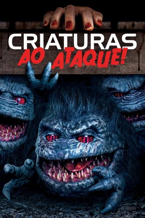 Criaturas ao Ataque!1 Mão humana agarra tábua escura manchada de sangue. Abaixo,criaturas peludas e cinzentas com olhos vermelhos e dentes afiados emergem,clima de terror.