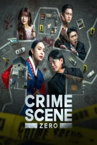 Pôster de suspense. Cinco personagens em destaque sobre um mapa de cena de crime com sangue e objetos. Uma mulher de hanbok se destaca.
