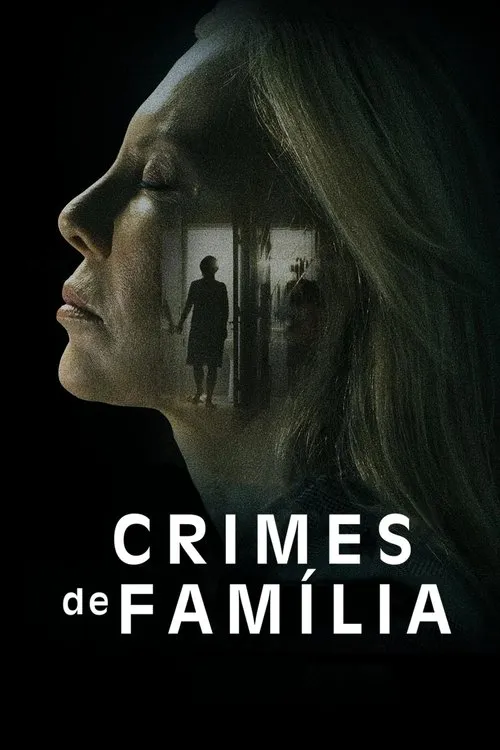 Mulher de perfil com olhos fechados. Dentro de sua silhueta,duas figuras sombrias em um corredor escuro. Clima tenso e misterioso.