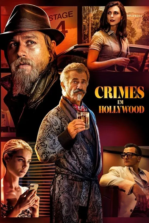 Pôster com figuras sérias: homem de chapéu e barba, outro de roupão com bigode e bebida, mulheres. Clima sombrio em cenário de Hollywood.