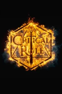 Logotipo de fantasia com texto e uma espada dentro de um dado de 20 faces flamejante,sobre fundo escuro.