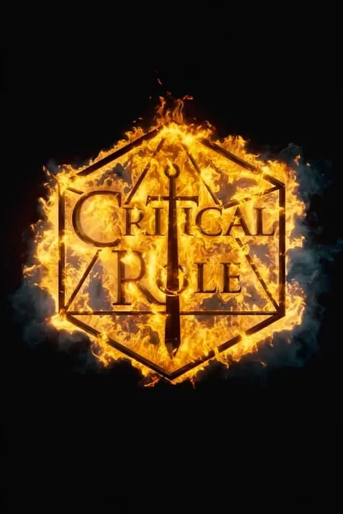 Logotipo de fantasia com texto e uma espada dentro de um dado de 20 faces flamejante,sobre fundo escuro.