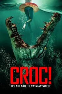 Pôster de terror. Mulher boia na água enquanto um crocodilo gigante de dentes afiados emerge por baixo com a boca aberta.