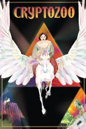 Pôster de fantasia. Mulher em um unicórnio alado arco-íris voa sobre paisagens surreais com criaturas místicas em tons vibrantes.