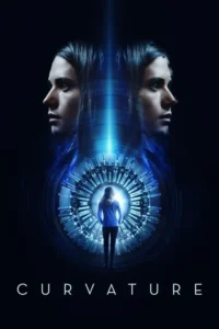 Pôster sci-fi escuro. Duas faces de mulher de perfil e outra de costas, diante de estrutura tecnológica circular azul brilhante.