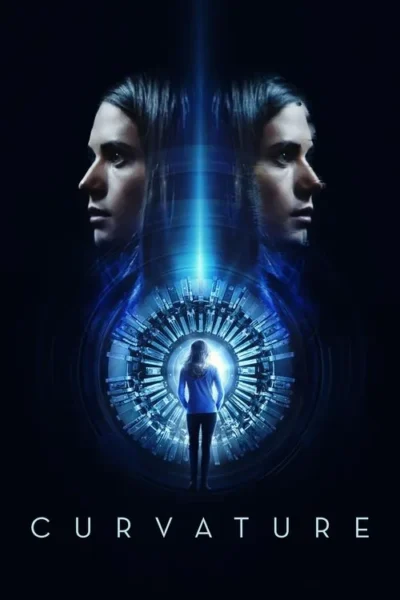 Pôster sci-fi escuro. Duas faces de mulher de perfil e outra de costas, diante de estrutura tecnológica circular azul brilhante.