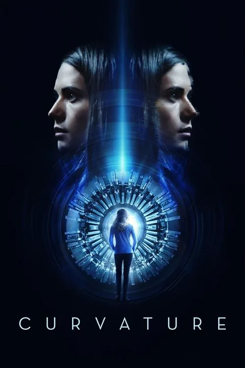 Pôster sci-fi escuro. Duas faces de mulher de perfil e outra de costas, diante de estrutura tecnológica circular azul brilhante.