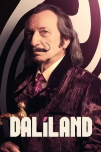 Homem de bigode enrolado,cabelo comprido e terno de veludo roxo. Gravata estampada. Fundo com listras onduladas e escuras.
