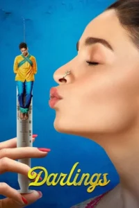 Mulher em perfil,olhos fechados e bico,segura seringa gigante com homem pequeno e amarrado dentro. Fundo azul. Sugere controle e ironia.