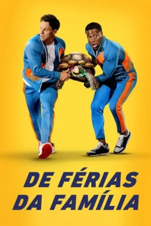 Dois homens assustados, em agasalhos azuis e laranjas, seguram uma tartaruga gigante. Fundo amarelo. Clima cômico.