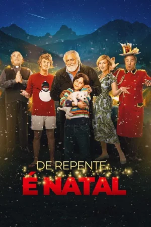 Grupo diverso sob céu estrelado e neve. Velho, menino com cachorro, padre e figuras cômicas. Clima natalino.