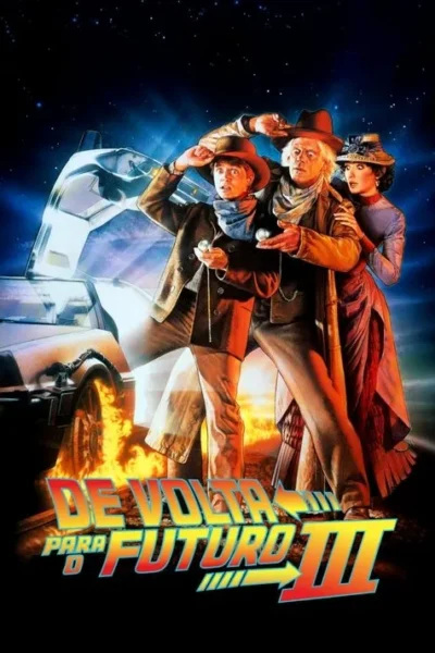 Três personagens em trajes faroeste olham surpresos ao lado de um carro prateado com rodas em chamas, contra um céu estrelado e deserto.