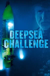 Submarino verde-limão com luzes azuis em águas profundas escuras. Rosto sério de homem à direita. Clima de exploração marinha.
