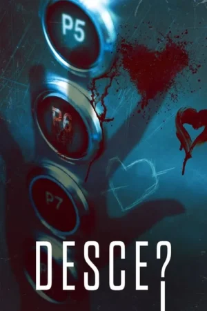 Botões de elevador P5, P6, P7 com sangue e corações riscados em fundo azul-escuro. Atmosfera sombria e violenta.